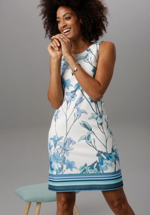 Aniston Sommerkleid ANISTON SELECTED, Damen, Gr. 34, N-Gr, weiss (wei&szlig;, aquablau, bedruckt), Cr&ecirc;pe, Obermaterial: 95% Polyester, 5% Elasthan, gebl&uuml;mt, figurum