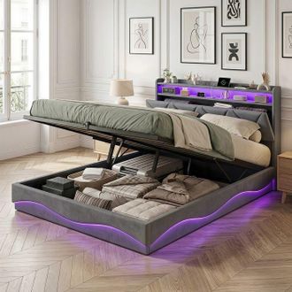 OEM Cama Con Arc&oacute;n De 2 Plazas - Cama Con Arc&oacute;n 160x200 - Terciopelo Gris - Led Y Usb Integrados - Somier De Lamas