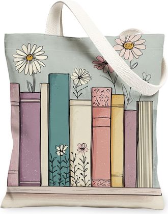 Generic Floral Vintage Canvas Tote Bags, Pastel Books Pattern Reusable Grocery Bags, Lightweight Washable Shoulder Strap Canvas for, Pastel, 13x15 Inch