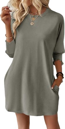 Dokotoo Womens Dresses Summer Fashion 3/4 Sleeve Elastic Smocked Crewneck with Pockets Solid Color Spring Casual Womens Mini Dress Gray 2XL