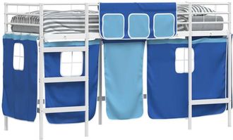 vidaXL KidsLoft Bed Frame with Curtains White and Blue 90 x 190 cm vidaXL