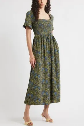 Chelsea28 Smocked Ruffle Bodice Maxi Dress in Navy- Yellow Jasmine Boho at Nordstrom Rack, Size Xx-Small