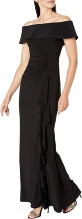 Xscape Long Ity Dress Black Stretch Ruched Off-the-Shoulder FROG150