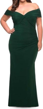 La Femme Flattering Long Plus Size Net Jersey Gown In Emerald