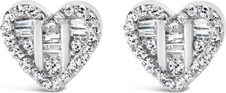 House of Brilliance Silver 1/2 Cttw Round and Baguette Diamond Composite Heart Shaped Stud Earring in White at Nordstrom