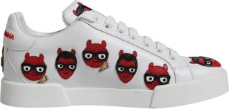 Dolce & Gabbana Metallic Leren Sneakers Zilver Wit - Dames - Sneakers - Wit - 36 EU - Leer - Schoenen