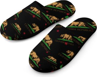 Generic California State Flag Flannel Mens Slip-on Slippers Winter Warm House Shoes with Rubber Sole for Home Hotel
