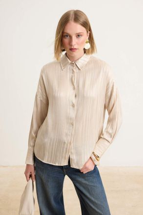 Trendyol Modest Dames Beige Gestreept Lang Oversized Modest Overhemden