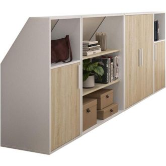 Vente-Unique Mobile mansarda 4 ante, 2 scaffali e 2 nicchie Bianco e Naturale - ADEZIO