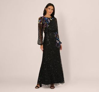 Adrianna Papell Bishop Sleeve Floral Sequin Bead Gown In Black Multi
