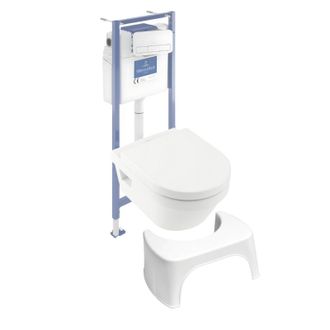 Villeroy & Boch Pack Inodoro Sin Reborde Villeroy Et Boch Architectura Con Asiento + Estructura De Soporte De Suelo Y Pared Viconnect Pro + Placa Blanca + Taburete Bl