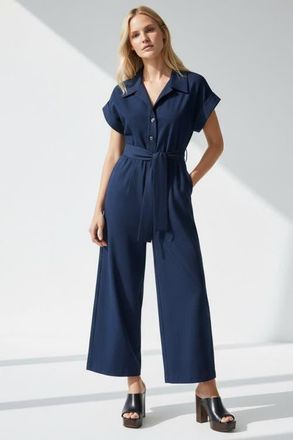 Exquise Leatrice Short Sleeve Belted Midi Jumpsuit in Navy at Nordstrom, Size Medium