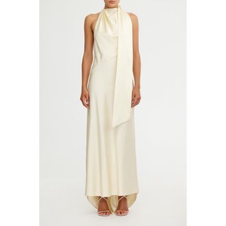 Significant Other Adriana Open Back Satin Halter Gown in Pearl at Nordstrom, Size 12 Us