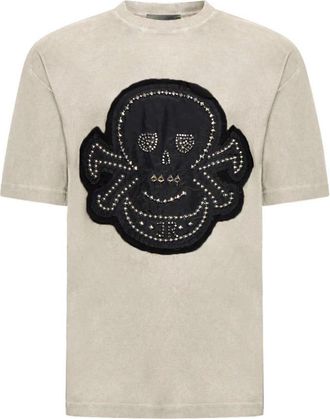 John Richmond T-shirt met Maxi Decoro Skull - Heren - T-shirts - Beige - S - Katoen - Tops