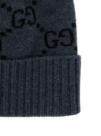 Gucci Mens Beanie Gg Jacquard Grey Cashmere Hat