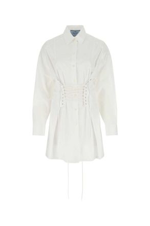 Prada White Lace up Long Sleeve Shirt Dress