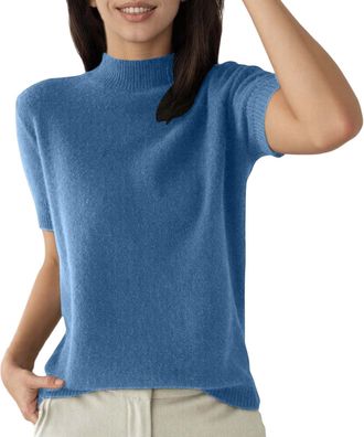 Generic Womens Short Sleeve Knitted Jumper with Stand-Up Collar, Fine Knit Top in Minimalist Style, Elegant and Soft Basic Top for Business and Leisure