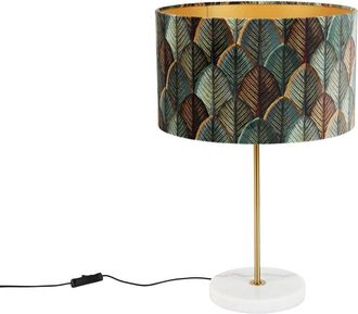 QAZQA Qazqa - Brass Table Lamp with Velvet Lampshade Leaf Design and Gold Interior - Kaso
