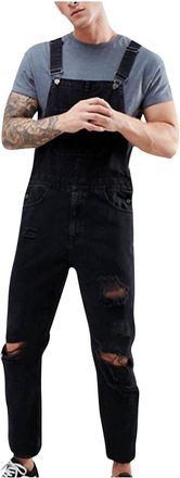 Generic Mens Dungarees Ripped Casual Workwear Trousers Regular Fit Work Bib and Brace Overalls Adjustable Straight Leg Jumpsuit with Multiple Pockets Gardenin