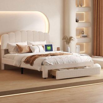 OEM Estructura De Cama 160x200 Cm - 231205tt - Puertos Usb/type-c - Terciopelo Beige - Somier De Lamas Con Caj&oacute;n