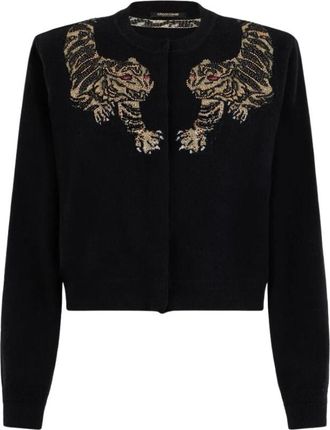 Roberto Cavalli Wollen Cardigan met Tijgerborduurwerk - Dames - Vesten - Zwart - L - Wol - Truien & Vesten