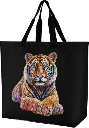Generic Glitter Tiger Reusable Shopping Bags Large Capacity Grocery Bag Heavy Duty Tote for Women 40x40x16cm