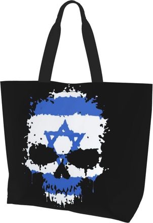 AOOEDM Israeli Flag Skull Ladies Canvas Tote Reusable Shopping Bag