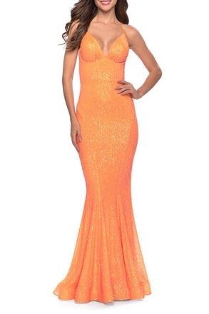 La Femme Fitted Stretch Sequin Dress with Open Back and Defined Cups in Orange at Nordstrom, Size 6