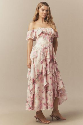 BHLDN Chiffon Scoop-Neck Ruffle Maxi Dress