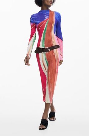 Desigual Mock Neck Long Sleeve Midi Dress in Pink Multi at Nordstrom, Size X-Large