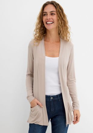 Bonprix Shirtjacke BONPRIX, Damen, Gr. 56/58 (XXXL), naturstein, Jersey, Obermaterial: 95% Viskose, 5% Elasthan, unifarben, figurumspielend Po-bedeckend, V-Au