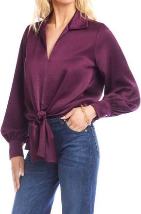 Karen Kane Long Sleeve Satin Tie-Front Top In Eggplant