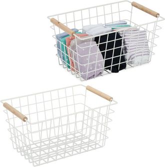 Relaxdays Wire Basket, Wooden Handles, Square, Lattice Design, Clothes, Accessories, Metal Bin, hwd: 16x31x21 cm, White - Relaxdays