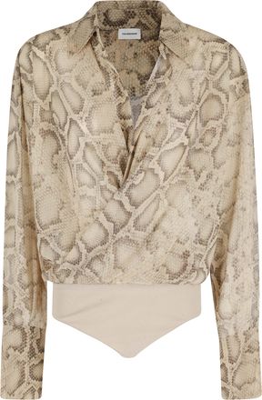 Andamane Beige Python Paloma Shirt-Collar Deep V-Neck Bodysuit