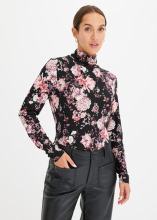 Bonprix Langarmshirt BONPRIX Langarmshirt aus softem Viskose-Mix, Damen, Gr. 52/54 (XXL), schwarz (schwarz gebl&uuml;mt), Obermaterial: 95% Viskose, 5% Elasthan, s