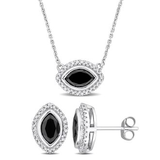 Mimi & Max 3 1/3ct TW Marquise Round Black White Diamond Halo Jewelry Set 14k White Gold