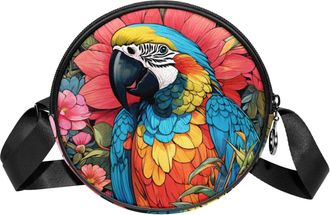 Generic Circle Crossbody Bag for Women, Color Drawing Parrot Small Sling Bag Daypack with Zipper Adjustable Shoulder Straps Casual Ladies Girls Round Purse