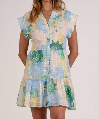 Elan Cap Sleeve Windowpane Printed Dress In Mint