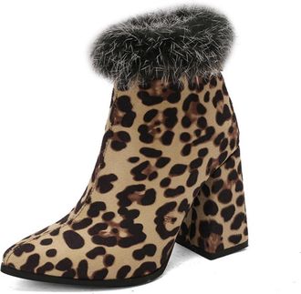 Generic Womens Block High Heel Short Boot Pointed Toe Winter Boots with Side Zipper Faux Suede Ankle Boots,Leopard,10.5 UK