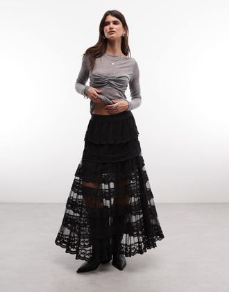AllSaints Maggie gonna midi in pizzo con volant nera-Nero