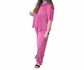 She + Sky Womens Plisse Button Down Top With Pants In Pink