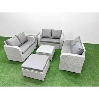 Fimous 7 Seater pe Wicker Rattan Furniture Sofa Sets with Square Coffee Table 2 Seater Love Sofa Big Footstool Side Table Light Grey - Fimous