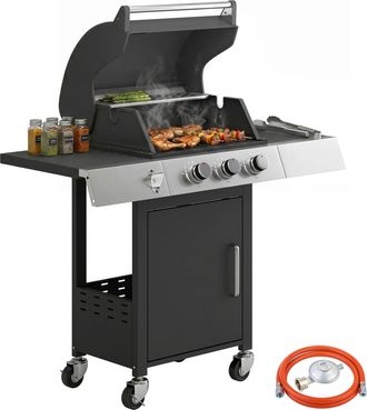 OUTSUNNY Barbacoa De Gas Bbq Gas Con 3 Quemadores 8,1 Kw Term&oacute;metro Mesas Laterales Armario Rejilla Calentadora Parrillas Recogedor Grasa Y 4 Ruedas