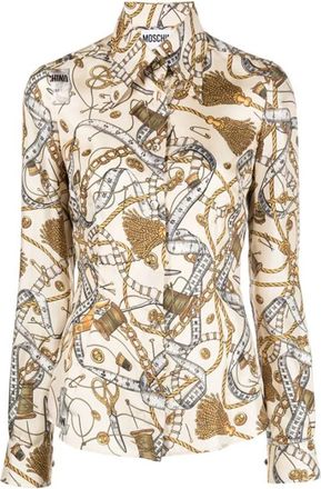 Moschino Zijden Overhemd met Teugelprint - Dames - Overhemden - Beige - S - Overhemden