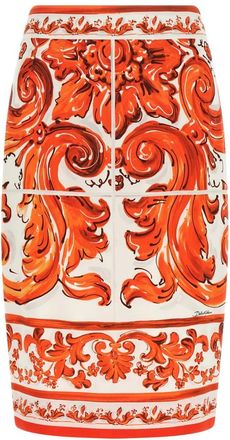 Dolce & Gabbana Rokken, Dames, Oranje, S, Leer, Midirok in Majolica-print charmeuse