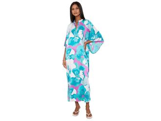 N by Natori Floria Printed Satin Mandarin Butterfly Caftan Womens Jumpsuit & Rompers One Piece Blue : M (Womens 10-12), Polyester/Spandex