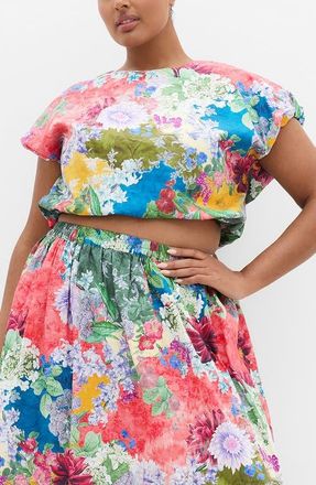 City Chic Sarina Cotton Crop Bubble Top in Fools Floral at Nordstrom, Size 14W