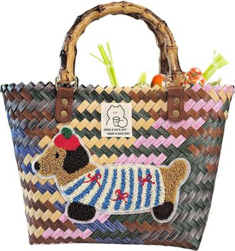 Generic Straw Beach Tote | Dachshund Straw Basket Bag | Woven Basket Lightweight for Picnic Work Wedding Outdoor Daily Resort Dates Commutes Vacation