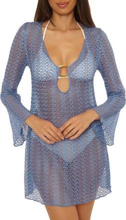 BECCA by Rebecca Virtue Metallic Long Sleeve Sheer Cover-Up Dress in Coastal at Nordstrom, Size Medium