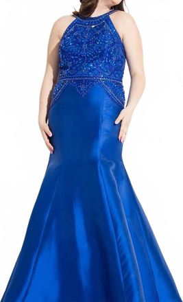Rachel Allan Beaded Mikado Mermaid Prom Gown In Royal